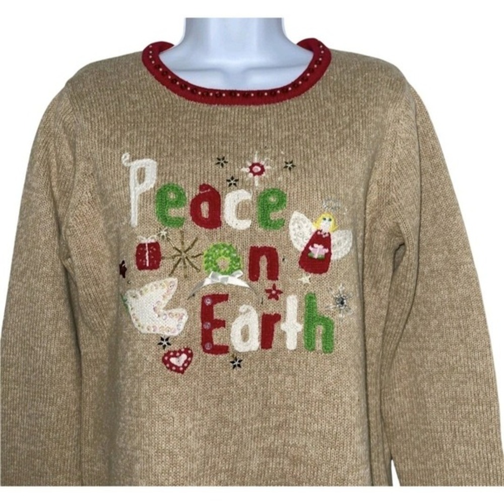 Tiara International Womens Sz Large Christmas Sweater L Peace On Earth vintage